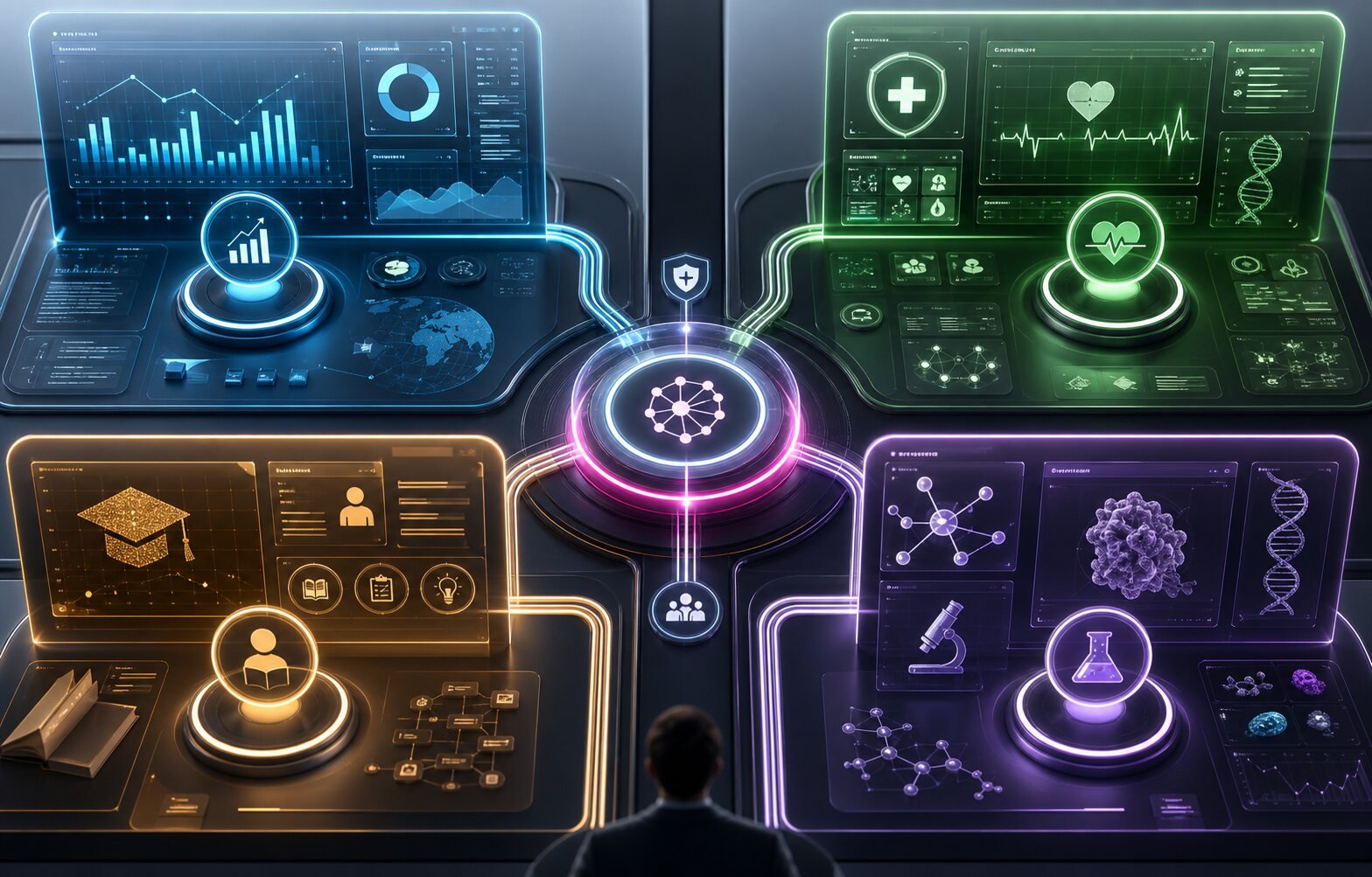 Domaines finance, santé, éducation et science connectés par une orchestration d'agents IA